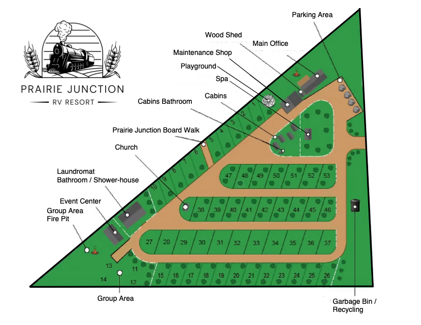 Prairie Junction RV Resort camp map showing RV sites, cabins, spa, and event centre