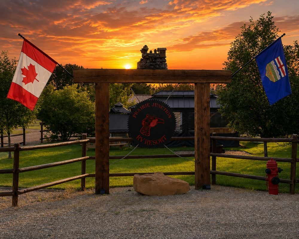 The Prairie Junction entrance gate at sunset with Canadian and Alberta flags