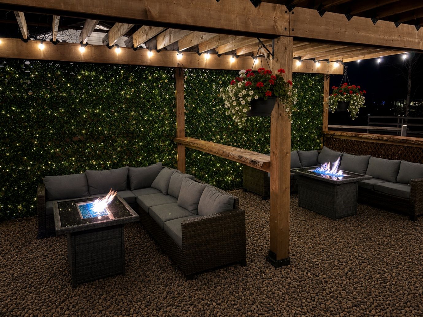 The pergola lounge at night with fire tables glowing at Prairie Junction