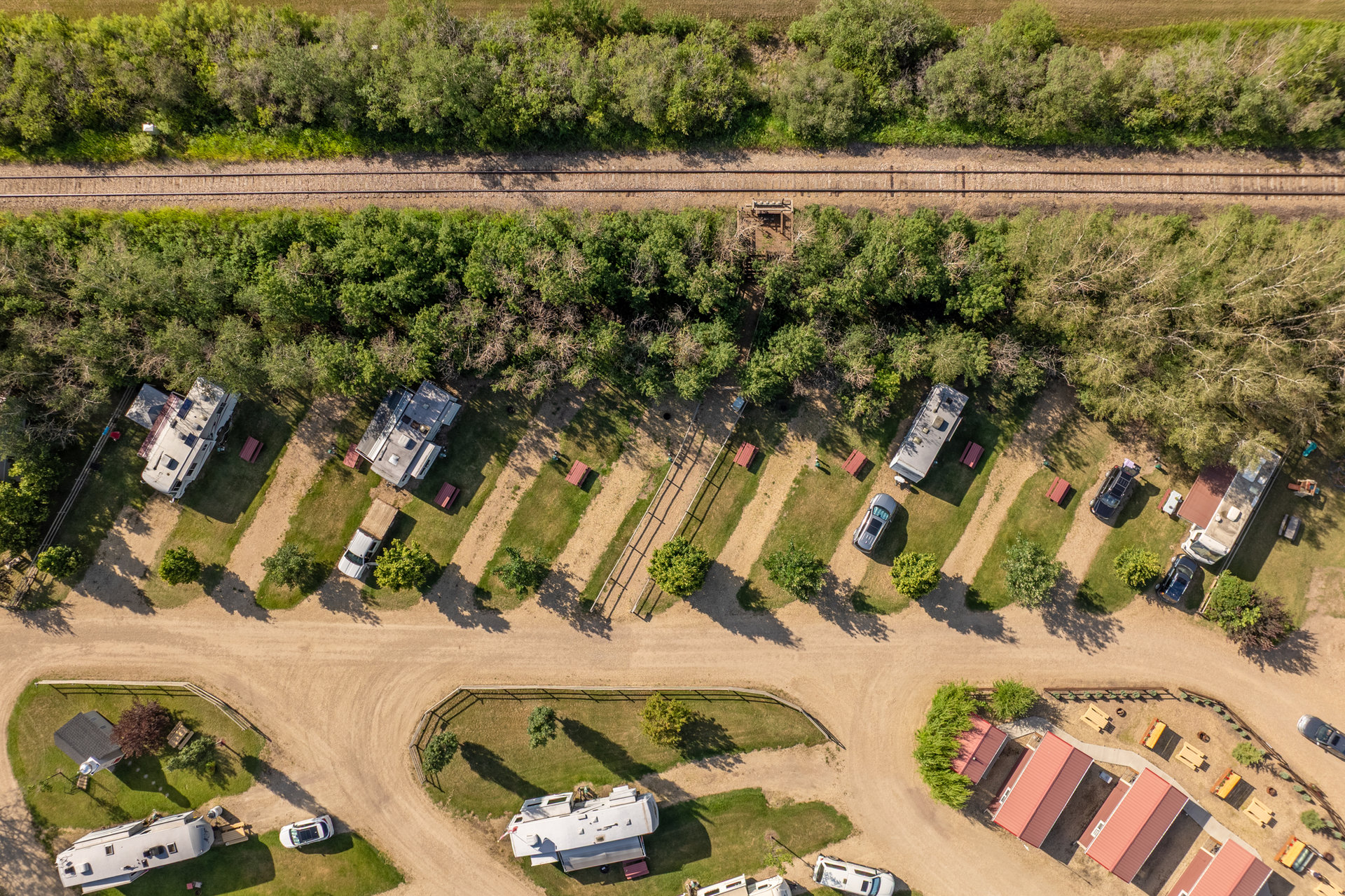 Aerial view of Prairie Junction RV Resort, open year-round in Stettler, Alberta