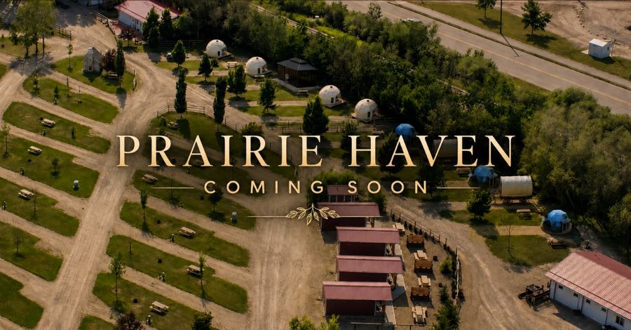 Aerial view of the Prairie Haven glamping village at Prairie Junction — coming soon