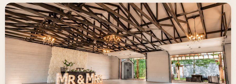 The Prairie Junction event hall set for a wedding with chandelier lighting