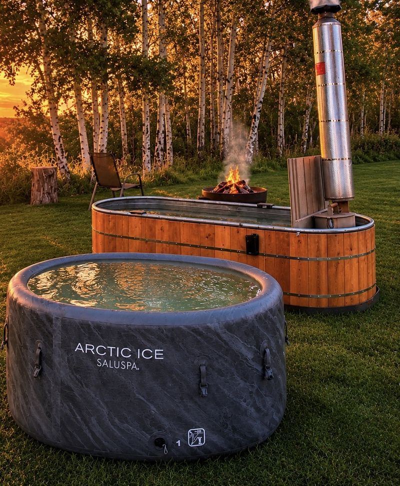Wood-fired hot tub and cold plunge pair at sunset — the contrast package