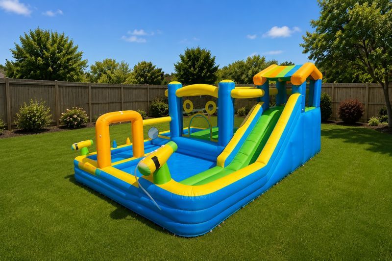 Inflatable water park rental with slides and splash zone